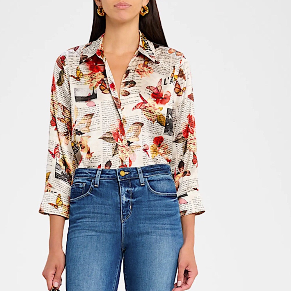 L'Agence Dani Butterfly Rose Newspaper Silk Blouse